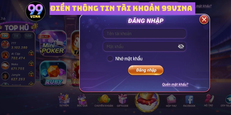 điền thông tin tài khoản 99vina